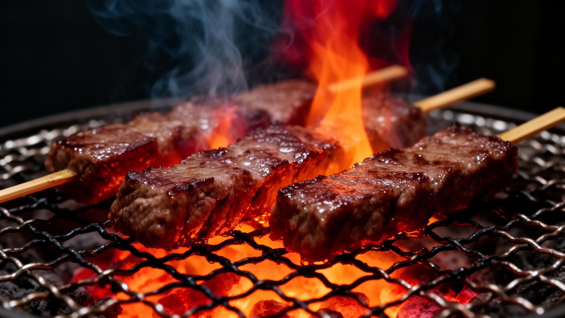 Sizzling BBQ beef skewers on the grill